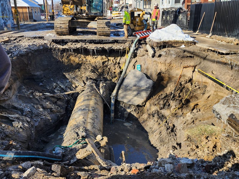 Broken water main in Southwest Detroit following excavation