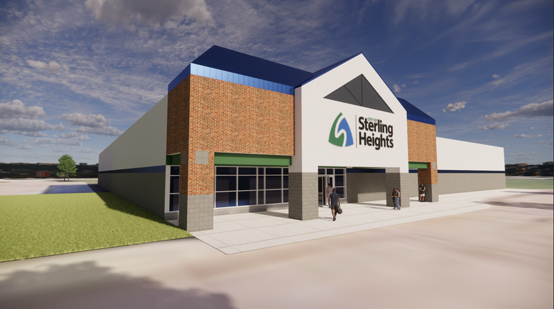 Rendering shows exterior of planned pickleball facility.