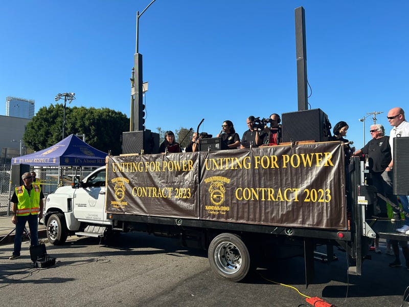 Teamsters and UPS workers held a rally in downtown Los Angeles Wednesday morning, demanding better pay for full-time and part-time employees, as well as better workplace and safety conditions.