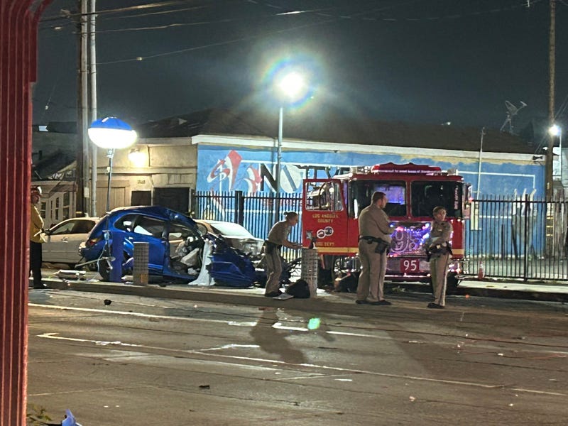 Two people were killed after their car crashed into a Los Angeles County fire truck in West Rancho Dominguez Monday morning.