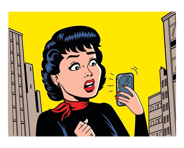cartoon woman reacting to smart phone