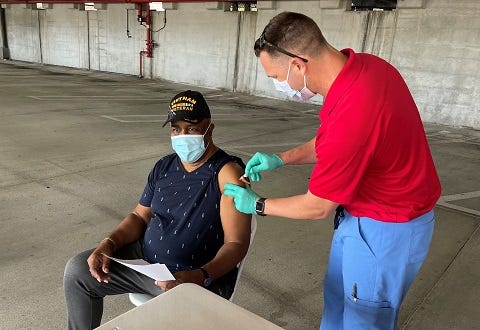 U.S. Army veteran Michael Turner received his first dose of the COVID-19 Vaccine at West Palm Beach VA Medical Center's Mass Vaccination Clinic at Florida Atlantic University on Feb. 6, 2021. The medical center vaccinated nearly 600 veterans during the event.