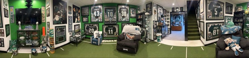 A panoramic view of Tony Eidle's Eagles fan cave.