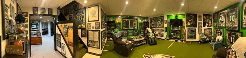 A panoramic view of Tony Eidle's Eagles fan cave.