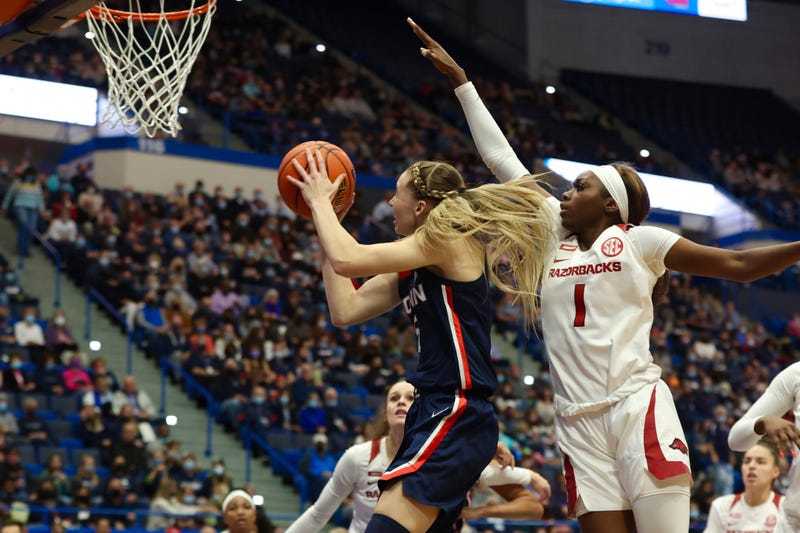 UConn's Paige Bueckers scores against Arkansas Sunday in Hartford.