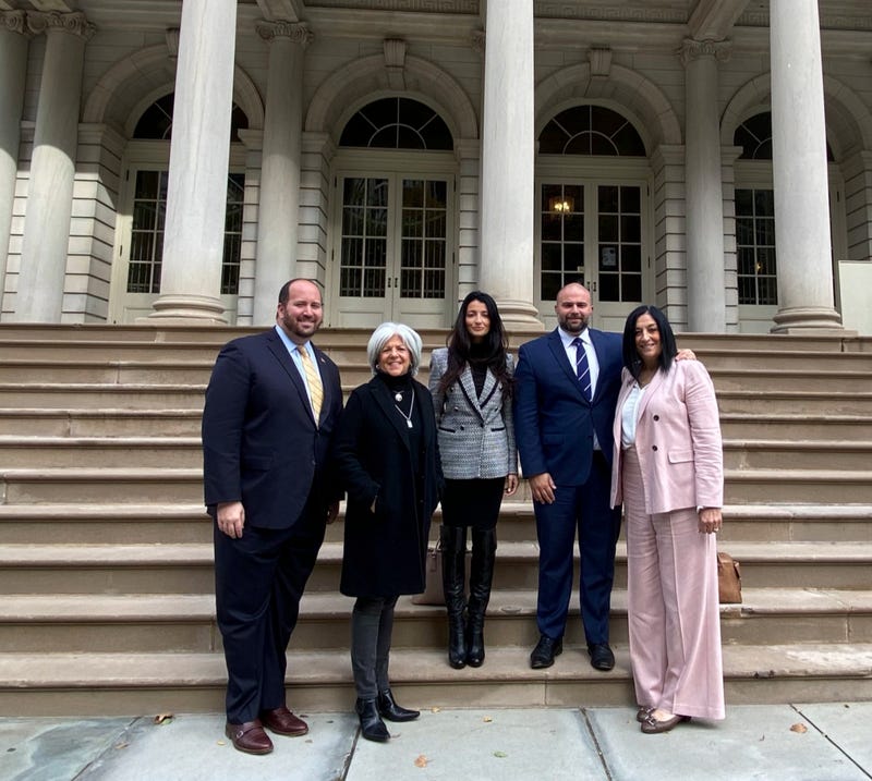 The New GOP deligation in the City Council poses for a photo together outside City Hall. From left to right: Council members-elect David Carr, Joanne Ariola, Inna Vernikov, Council member Borelli, and Council member-elect Vicki Palladino.