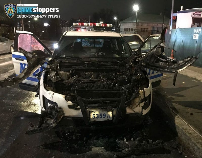 The NYPD released a photo of the charred patrol car after officers found it “engulfed in flames” outside the Pelham Bay Par station on Jan. 6