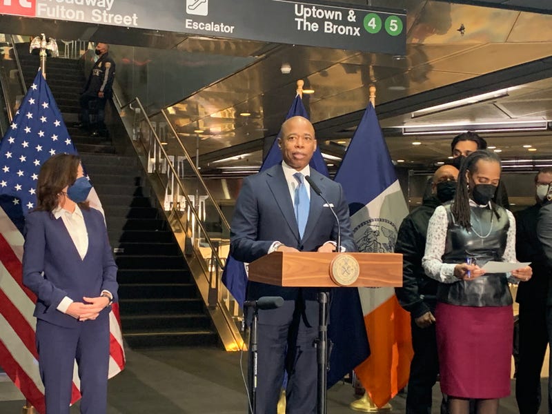 Mayor Adams and Gov. Hochul announced the subway safety plan at a press conference at the Fulton Street station