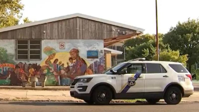 A Philadelphia Police cruiser parked outside the Mill Creek Rec Center in West Philadelphia.