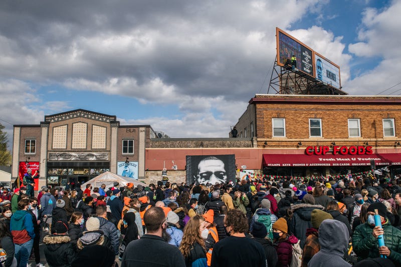 People gather at the intersection of 38th Street and Chicago Avenue to celebrate the guilty verdict in the Derek Chauvin trial on April 20, 2021 in Minneapolis, Minnesota.