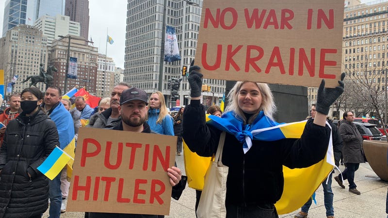 Protesters against the Vladimir Putin-led Russian invasion of Ukraine gathering at Philadelphia City Hall Friday afternoon.