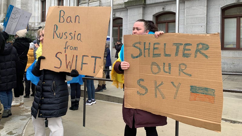 Protesters against the Vladimir Putin-led Russian invasion of Ukraine gathering at Philadelphia City Hall Friday afternoon.
