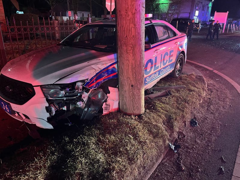 A police cruiser after the crash in Hauppauge