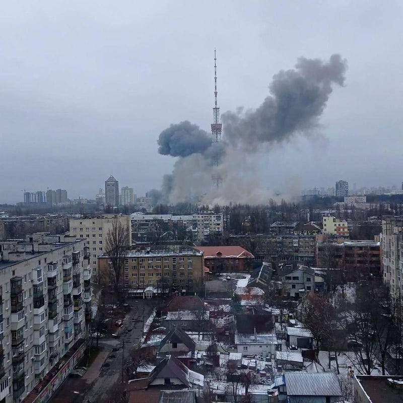A photo posted by Ukraine's parliament shows a cloud of smoke around the Kyiv TV Tower on Tuesday