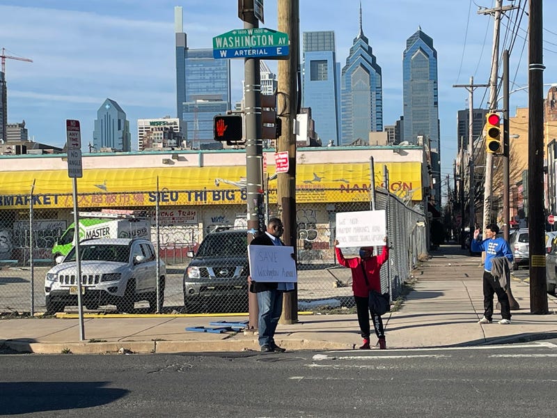 Protesters against making Washington Avenue three lanes in part of South Philadelphia.