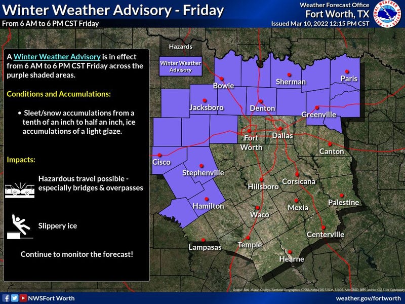 A Winter Weather Advisory is in effect for portions of North TX from 6AM - 6PM Friday