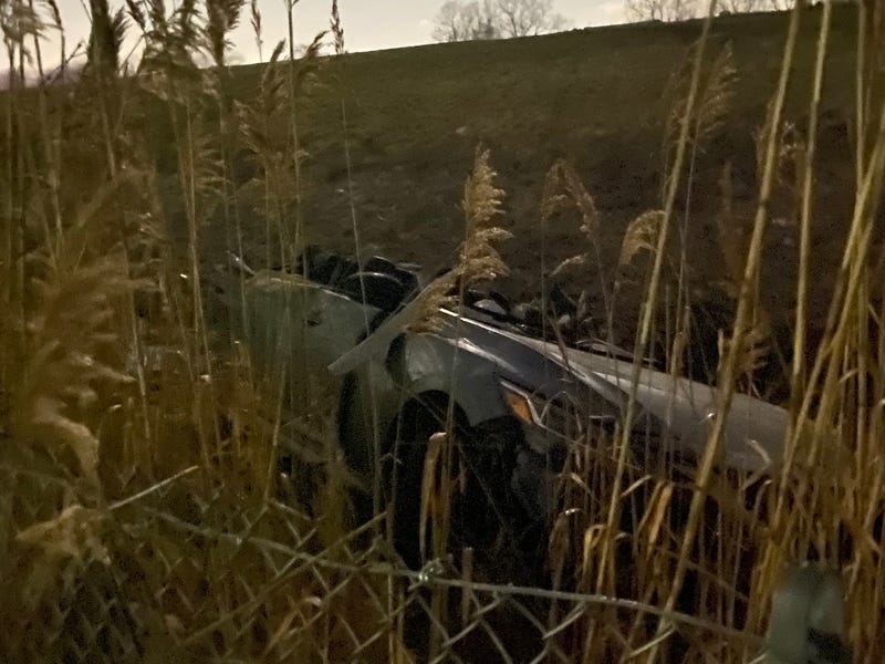 A grey car in brush with roof off