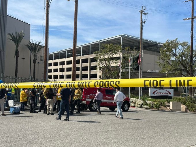 Caution tape up in the Atwater Village neighorhood of Los Angeles on March 17, 2022, as firefighters investigate a hazardous material spill on Electronics Place.