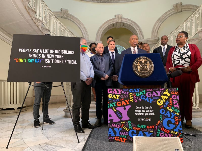 Mayor Adams unveiling the ads at City Hall on Monday