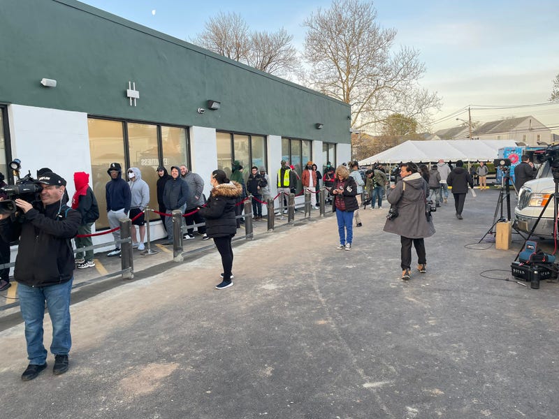 Customers wait in line at Rise in Bloomfield on the first day of sales of recreational marijuana in New Jersey on April 21, 2022