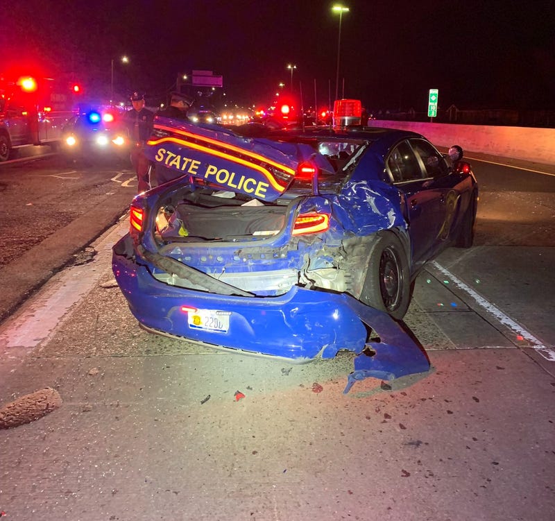 A totaled Michigan State Police car