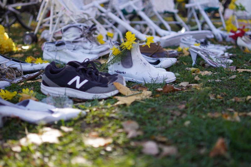 Families for Safe Streets had 80 shoes at their Queens event in honor of the 80 pedestrians killed this year due to traffic violence.