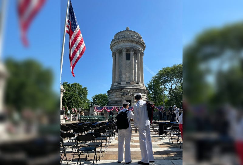 The Soldiers' and Sailors' Monument was surrounded by fencing during a Memorial Day event Monday, as it's crumbling and has been in need of major repairs for years