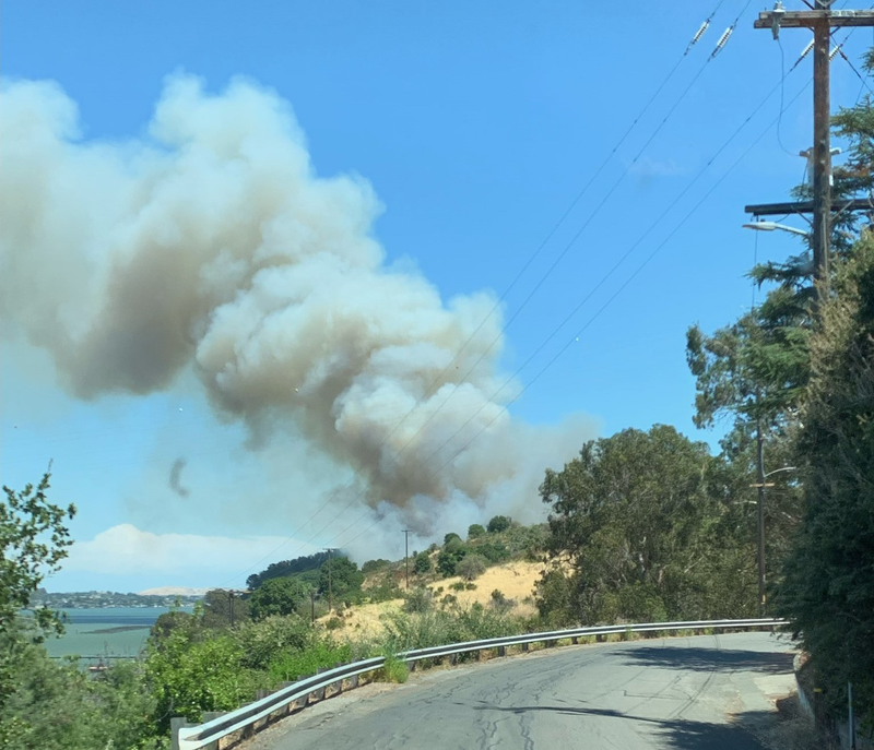 A vegetation fire burns in the Bull Valley Staging Area near Port Costa in Contra Costa County.