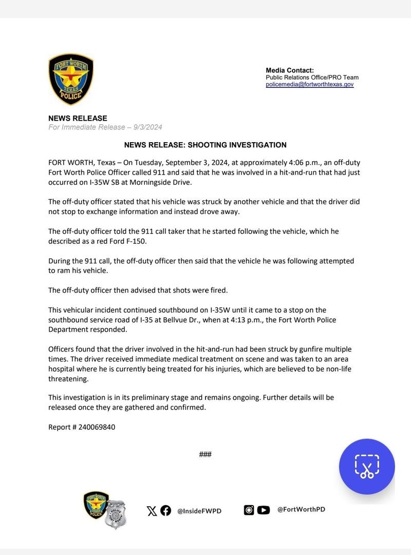 According to the police, the off-duty officer called 911, stating that he began following a red truck that had hit him near I-35W and Morningside Drive before driving away. During the call, the officer informed dispatch that the truck, a Ford F-150, attempted to ram his vehicle, prompting him to fire gunshots.