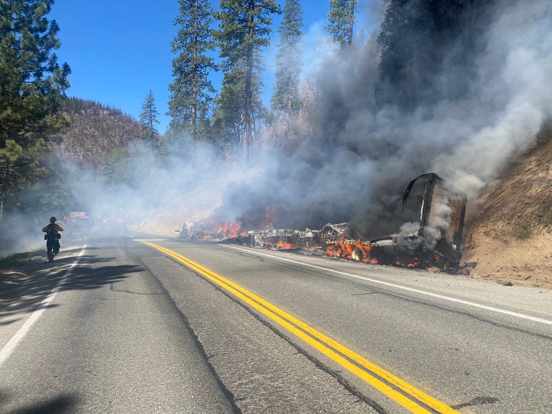 A big rig burns on U.S. Highway 50.