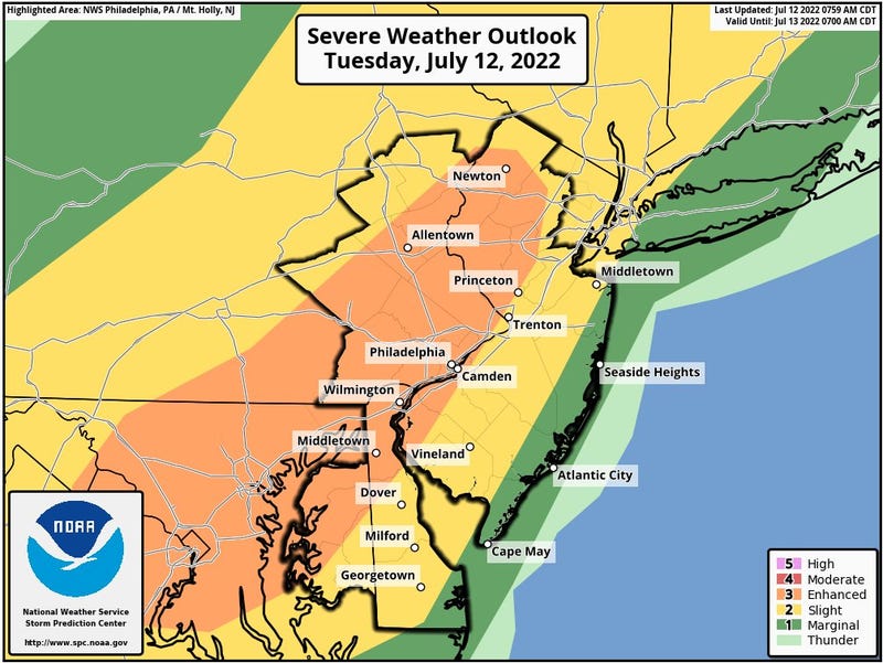 The National Weather Service said the threat of severe storms was “increasing” Tuesday, with the highest risk along the I-95 corridor in New Jersey