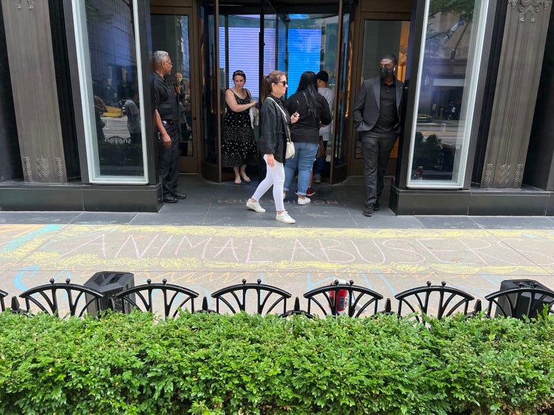 People stand outside of Louis Vuitton store