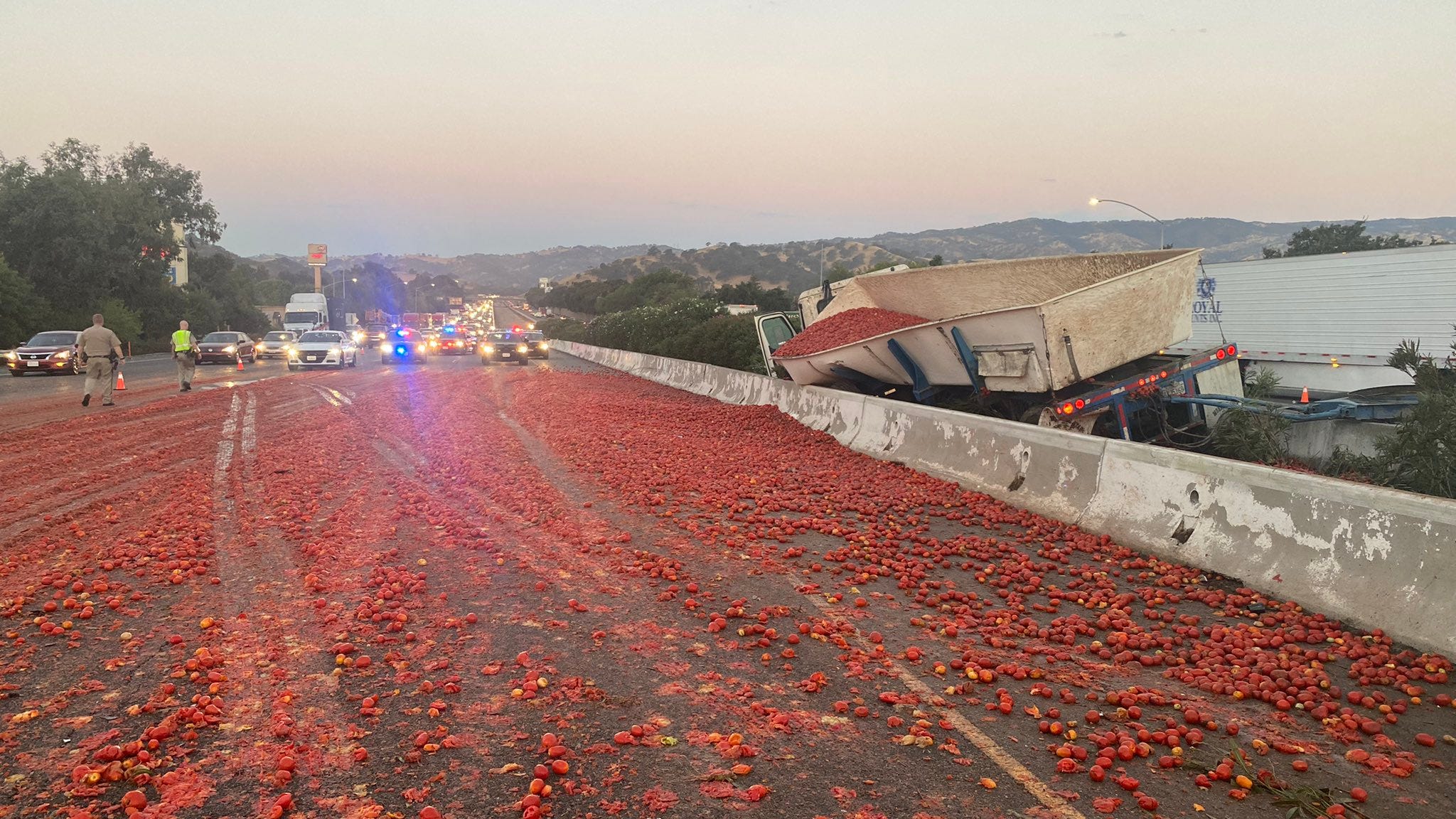 PHOTOS: Truck spills ocean of tomatoes onto Vacaville freeway