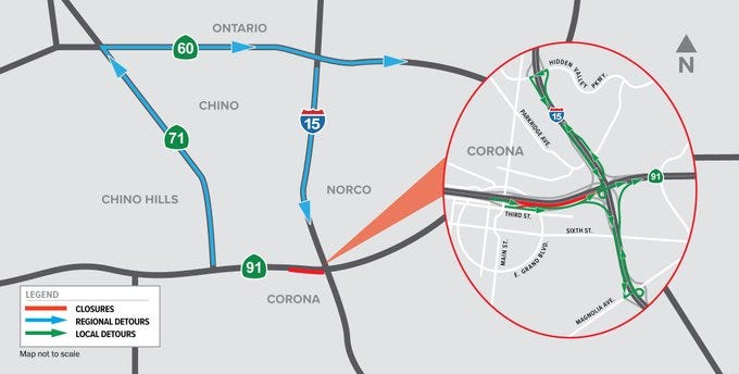 A full closure of eastbound 91 from Main St. to just west of I-15 in Corona, Calif. begins Friday, Sept. 16 at 9 p.m. and lasts through Monday, Sept. 19 at 5 a.m.