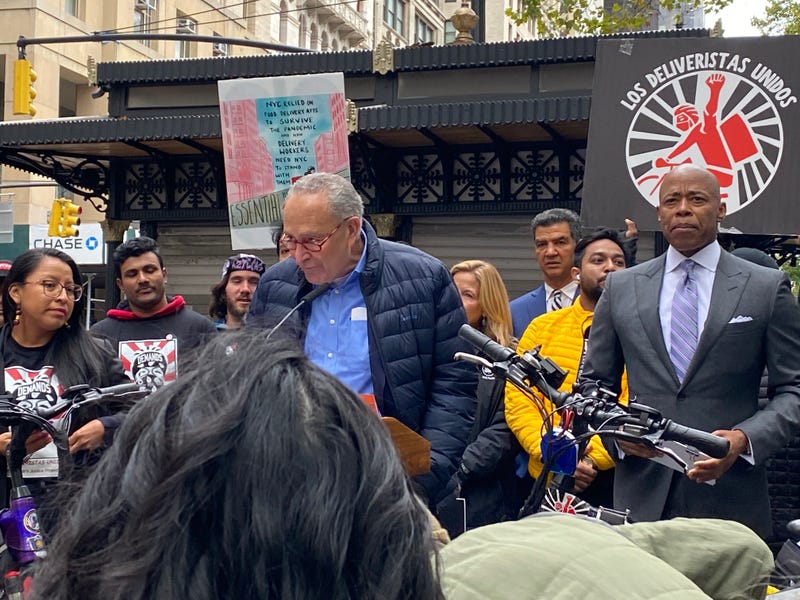 Sen. Chuck Schumer and Mayor Eric Adams at Monday's announcement in Lower Manhattan