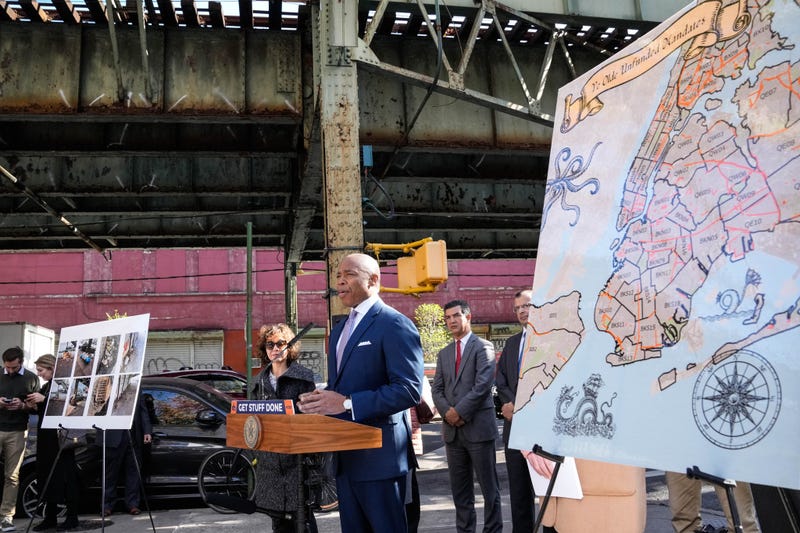 Mayor Eric Adams speaking at press conference announcing new "Get Stuff Clean" initiative. 
