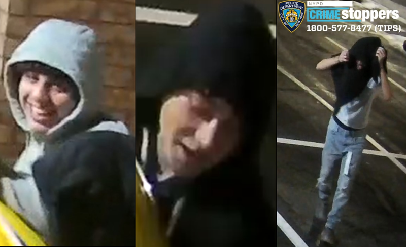 Police are searching for three suspects who police believe flipped over a Fiat car outside a Staten Island pizzeria on Sept. 30