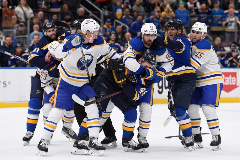 Sabres and Blues players get into it after the whistle