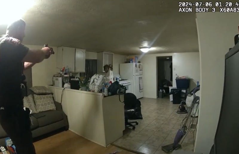 A still taken from body-worn camera footage shows Sangamon County Sheriff's Deputy Sean Grayson point his gun at Sonya Massey, seconds before he shot and killed her. Massey had called 911 earlier to report a prowler outside of her home.