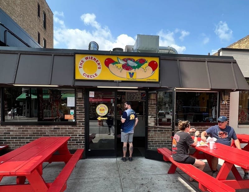 Patrons outside of the Wiener's Circle in Chicago's Lincoln Park neighborhood.