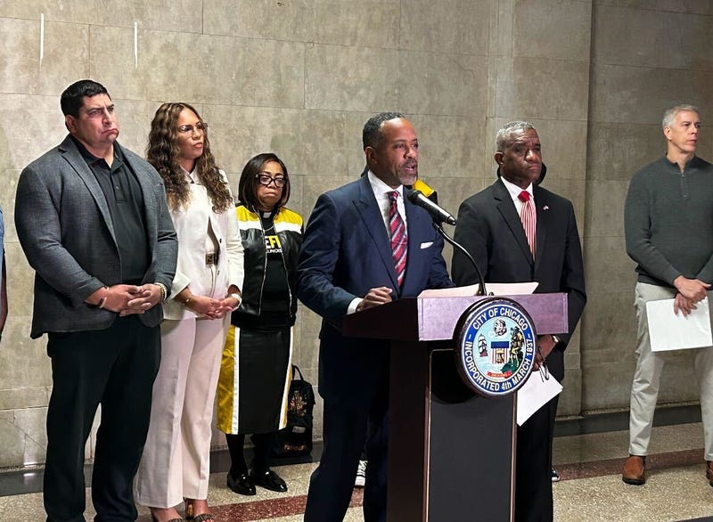 Eric Smith, of BMO Commercial Bank, speaks to reporters on Tuesday to announce that the Commercial Club of Chicago is willing to help keep ShotSpotter going as the city looks for alternatives.