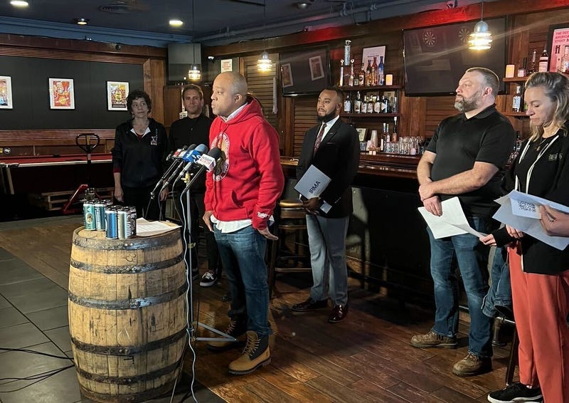 Damon Patton, CEO of Moor's Brewing in Chicago, speaks to the media at a news conference inside the West Loop's Haymarket Pub and Brewery on Nov. 20, 2024. Patton was among several industry leaders who spoke out against Mayor Brandon Johnson's proposed tax increase to Chicago beer and liquor sales.