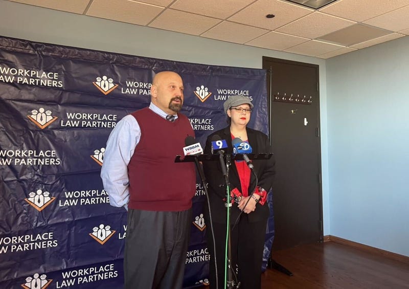 Tina Christner, right, speaks to the media on Nov. 26, 2024, about her lawsuit against Lurie Children's Hospital.