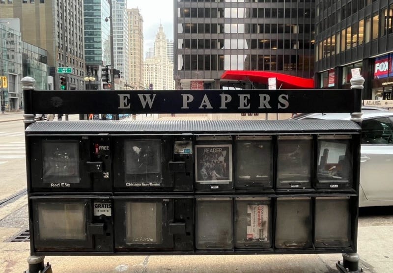 A newspaper rack on Lake Street near Michigan Avenue in downtown Chicago.