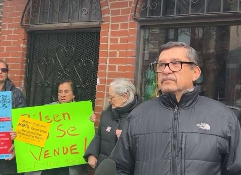 Pilsen residents on Monday gathered outside of Chela's Gift Shop, located on 18th Street near Laflin Street, where they called on Mayor Brandon Johnson to sit down with community leaders to discuss using TIF funds to help homeowners tackle property tax bill increases of more than 40%.