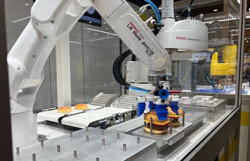 One of the robots on display in the 2024 Automate exhibition at McCormick Place. This one, from FANUC, specializes in building sandwiches.
