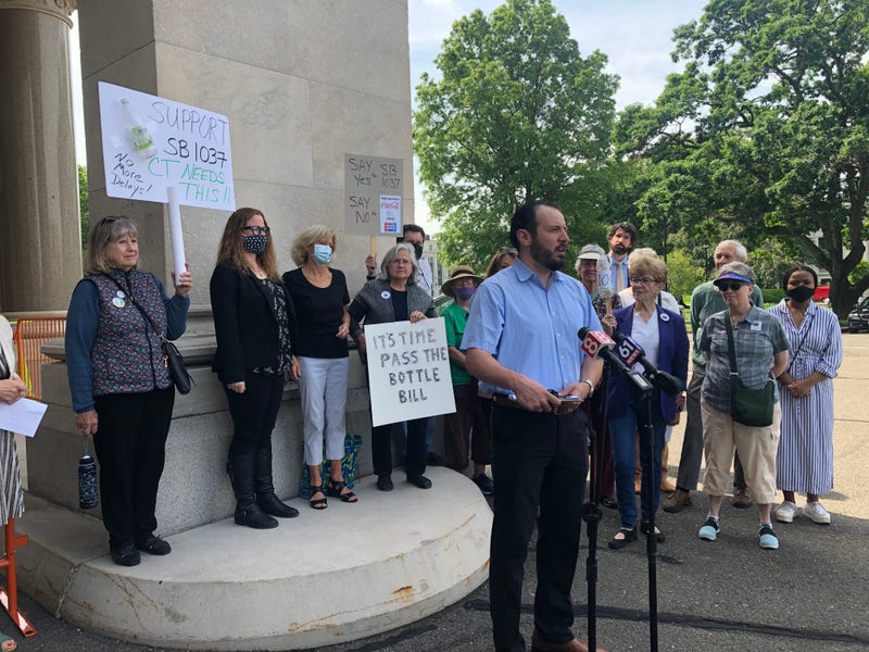Advocates call on lawmakers to modernize the four-decade-old Bottle Bill at the State Capitol in Hartford.