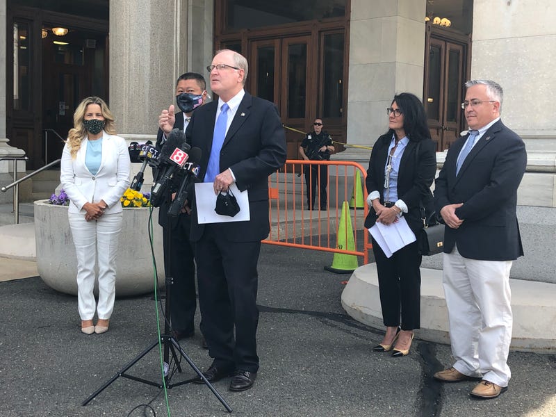 Senate Minority Leader Kevin Kelly stands with other Republican leaders at the State Capitol in Hartford.