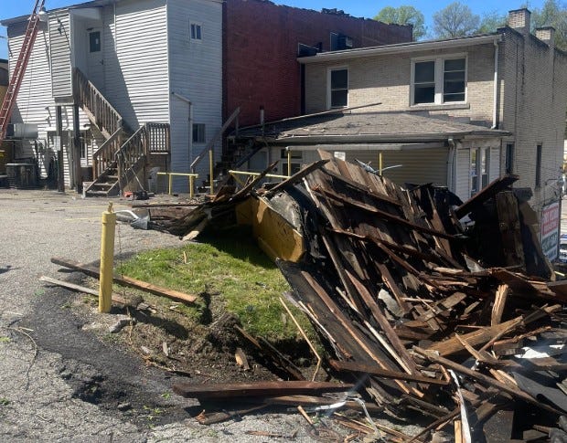Fiori's Pizza after roof damaged in storm on April 29, 2025