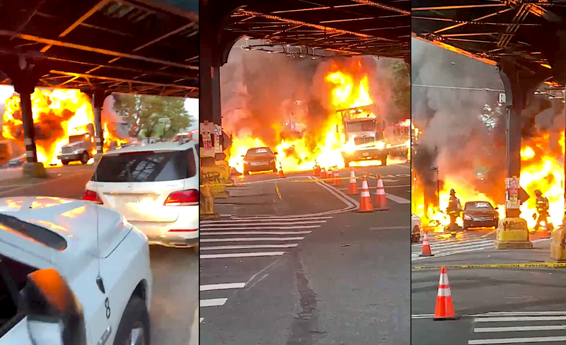 A box truck exploded into a fireball and spread flames to nearby cars in a wild scene in the Bronx on Wednesday morning